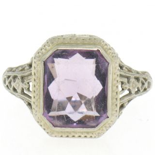 Antique Art Deco Filigree 14k White Gold Bezel Amethyst Solitaire Etched Ring
