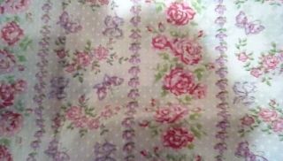 Vtg.  Flocked Swiss Dot Fabric 44 X 108 Floral Cabbage Roses Lavender Butterfly