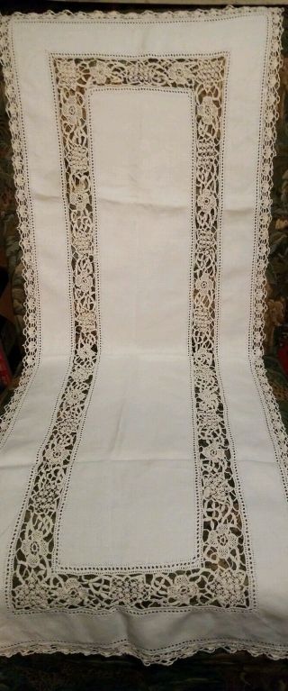 Antique French Ivory Table Runner - Hand Embroidered - Bobbin Lace - Linen 17 " X 43 "