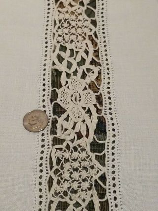 Antique French Ivory Table Runner - Hand Embroidered - Bobbin Lace - Linen 17 
