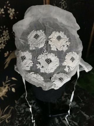 Gorgeous French Antique Ladies Bonnet - Hand Embroidery & Application On Muslin