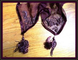 Antique Teens Sheerest Pure Silk Velvet Embroidery Chiffon Tassel Bead Fabric Pc
