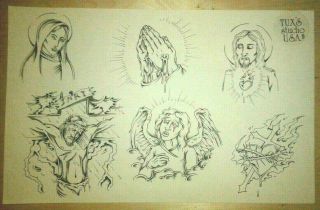 Vintage Daniel Higgs Tattoo Flash 80s Outline Sheet Jesus Mary Sacred Heart