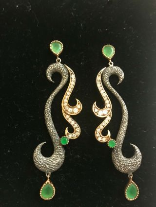 Vintage Bora Sterling Silver & 24k Gold Vermeil Emerald Dangle Earrings