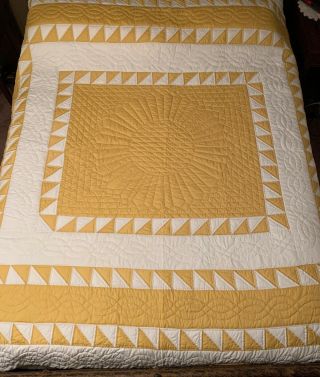 Vintage Star Pattern Quilt Handmade Handpieced Pink Yellow White 93”x85”