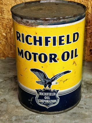 Old Richfield Metal 1 Quart Motor Oill Can W Eagle Graphics York Ny