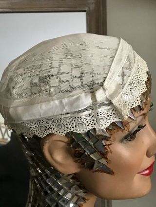 Pre - 1900 French Antique Handmade Bonnet - Tulle Pleated & Lace