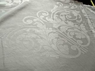 Vintage White Irish Linen 82x104 Banquet Tablecloth Damask Acanthus Leaves