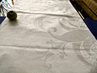 Vintage White Irish Linen 88x120 Banquet Tablecloth Large Scale Damask Leaves