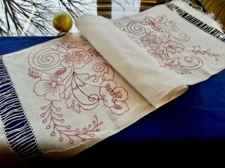 Antique Victorian Homespun Linen Show Towel Turkey Red Embroidery 16x46 Runner