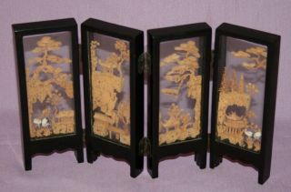 Vintage Oriental Cork Lacquered Wood & Glass Miniature 4 Panel Folding Screen