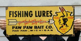 Old Paw Paw Bait Co.  Fishing Lures Porcelain Gas Station Pump Sign Michigan