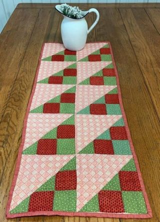 Red Green C 1890 - 1900 Jacobs Ladder Table Quilt Antique Runner 36 X 14