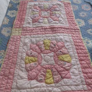 Pretty Vintage Cottage Crib Quilt Or Table Runner Pink Yellow 36x21