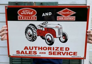Large 24 " Vintage Ford Tractor Porcelain Sign Dearborn Farm Equipment Dated 1951