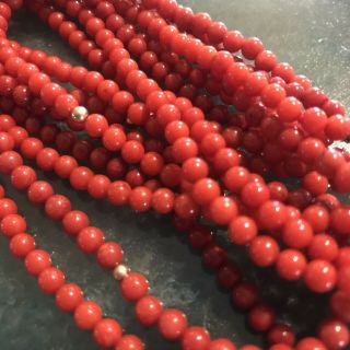 Antique Vintage Natural Red Coral Necklace 3.  5mm Bead 14k Gold 16” 44 Grams