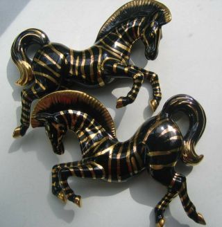 Pair Mid - Century Ceramic Wall Mounted Zebras Black And Gold Great Decorator Item
