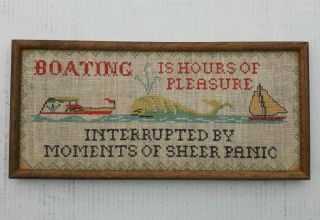 Antique Framed Hand Cross Stitch Needlework Embroidery English Boat Whale Funny