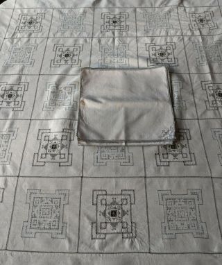 Vintage Madeira - Style Embroidered Square Ecru Cotton/linen Tablecloth & 6 Napkin