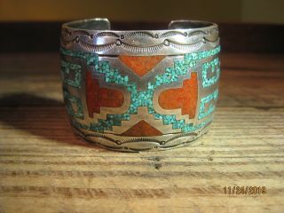 Vintage Navajo Tommy Singer Turquoise And Coral Chip Inlay Bracelet