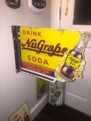 Rare Antique Vtg Drink Nugrape Soda Flanked Metal Sign.