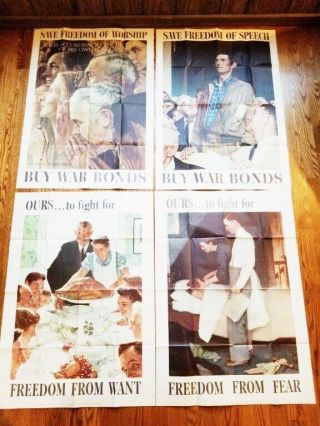 4 Vintage 1943 War Bond Freedom Posters By Norman Rockwell - 28x40
