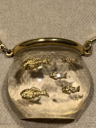 Vintage Lucite Fish Bowl Aquarian Necklace Fabulous Gold Tone Ocean