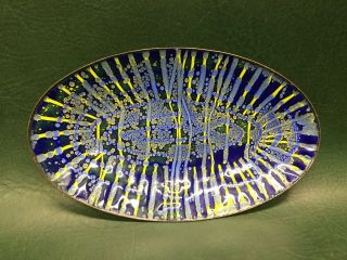 Mid Century Modern Signed Rhoda Handmade Enamel On Copper Oval Dish Blue Yellow