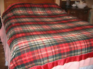 Vintage Wool Blanket Red Plaid Satin Binding Full Size 68x84 Tartan Plaid Pearce