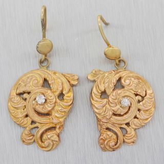 1880s Antique Victorian Estate 14k Yellow Gold.  10ctw Diamond Drop Hook Earrings