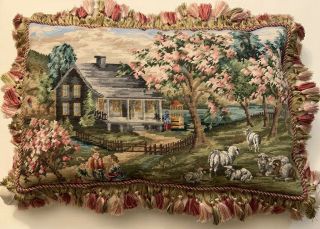 Large Wool Petit Point Needlepoint French Pastoral Scene Pillow