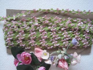Antique French Silk,  Tiny Bow Pink & Green Ribbon Work Ribbon Trim 1 Yard