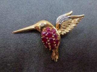 Vtg 14k Solid Y.  Gold Wlc Hummingbird Diamond Ruby Brooch Pin Pendant 4.  76 Gram