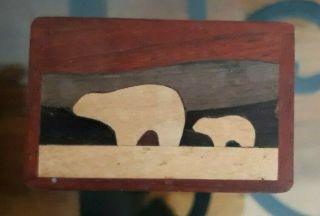 Small Wood Trinket Box With Bear And Cub Inlay Handmade