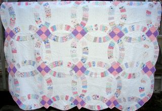 Vintage Cutter Quilt Wedding Ring Pattern Approx.  73 " X 74 "
