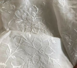 Antique White Linen Tablecloth With Hand Embroidered Silk Florals 52”