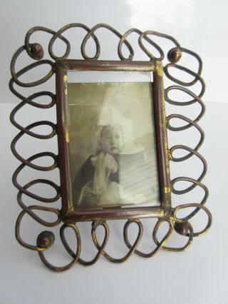 Old Antique 1900s Arts & Crafts Copper Gilt Small Metal Photo Frame Glass Front
