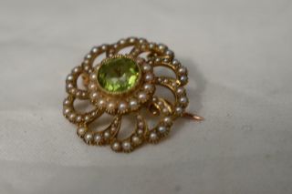 Antique Edwardian 15ct Gold Brooch With Green Peridot And Pearl Stones 6.  2g