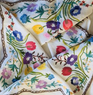 Antique White Linen Tablecloth With Hand Embroidered Colourful Florals 48”