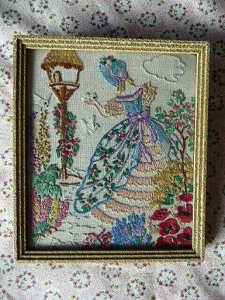Vintage Hand Embroidered Picture /framed - Crinoline Lady