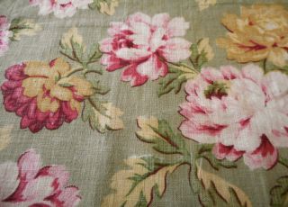 Antique 19thc Shabby Peony Floral Cotton Fabric Pink Magenta Soft Olive Gold