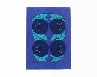 Vintage Retro 1960s 1970s Deep Blue Flower Fabric Panel / Wall Hanging - Signed