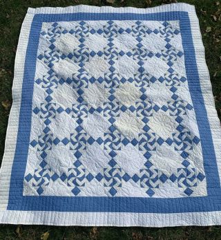 Vintage Flyfoot Pinwheel Hand Stitched Blue White Quilt Handmade 72” X 74”