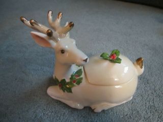 Vintage White Christmas Reindeer Ceramic Trinket Box 6 " X 8 " W/ Holly Designs