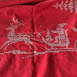 Swedish Vintage 1940 Embroidery Table Cloth,  Father Christmas Out In His Sleigh