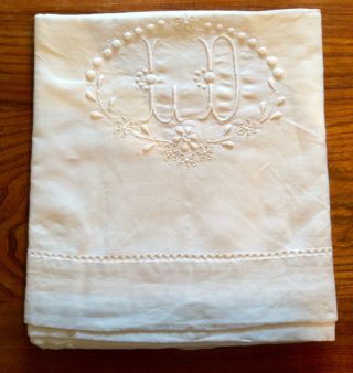 Large Antique Embroidered Linen Bed Sheet - Initaled L D