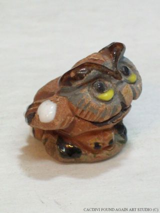 Vintage Horned Owl Tiny Pottery Figurine Mid Century Modern Bird Mini Figure