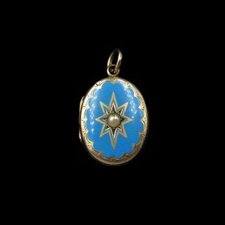 Antique Victorian Blue Enamel And Pearl Star 9ct Gold Oval Locket Pendant C.  1880