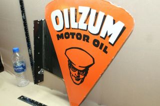 RARE OILZUM MOTOR OIL WHITE 2 - SIDED FLANGE PORCELAIN METAL SIGN GAS OIL 2