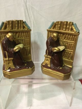 Vtg Ceramic Monk Priest In Library Books Bookends Heavy Possible Usa